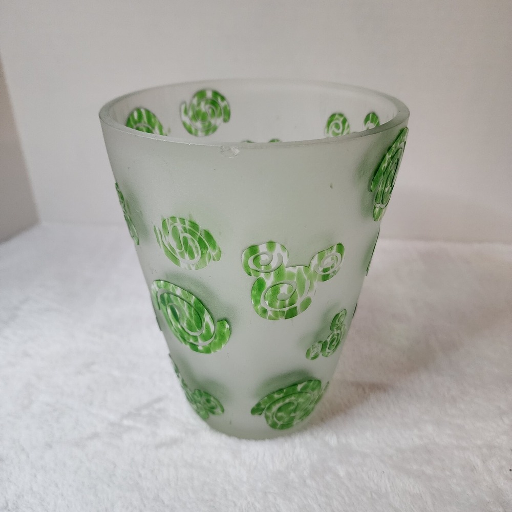 Mickey Mouse Vase Frosted Glass Hidden Mickey Green & White 6.5" High‎